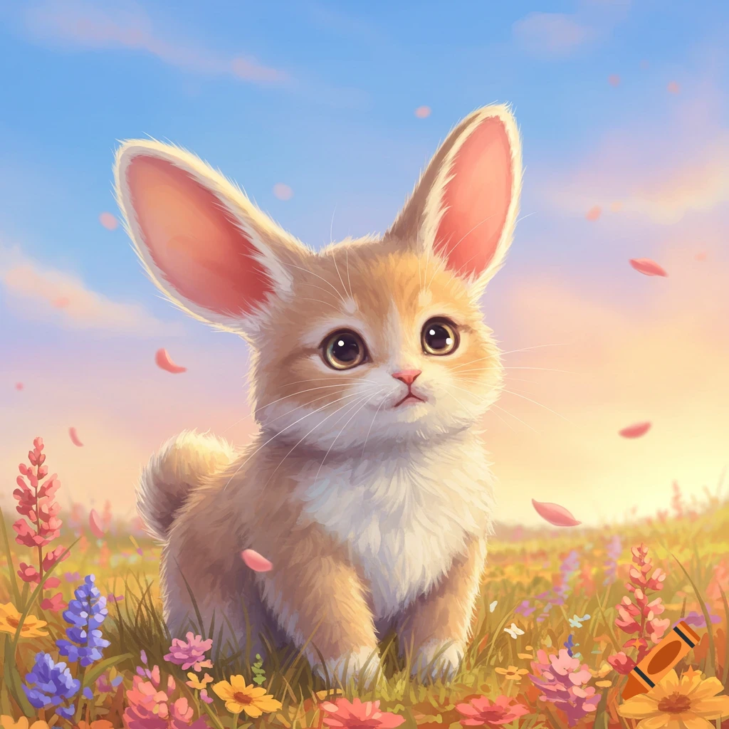 A cute, fluffy bunny-cat hybrid with large ears sits in a vibrant field of colorful wildflowers under a soft, blue and orange sky.