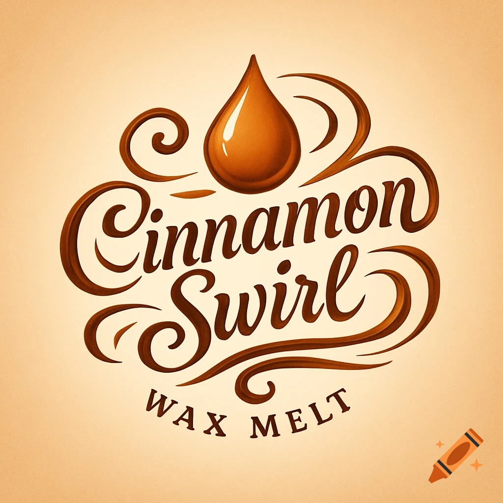 A brown wax melt logo featuring a dripping liquid drop and ornate text reading 'Cinnamon Swirl Wax Melt' on a light background.