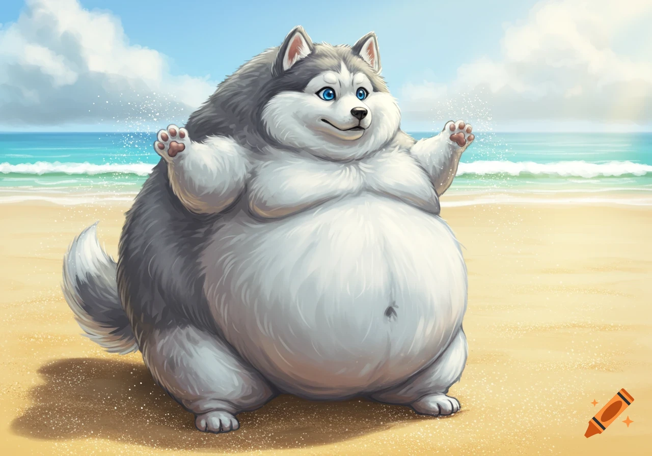 A cartoonishly obese husky with blue eyes stands on a sandy beach, arms outstretched.