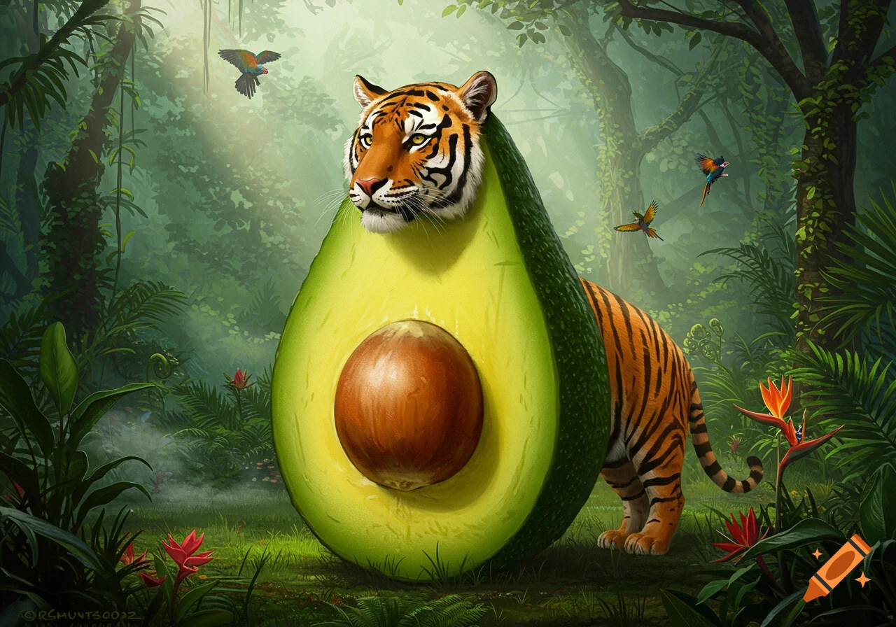 A surreal creature, half tiger, half avocado, stands in a lush, sun-dappled jungle. Parrots fly overhead.
