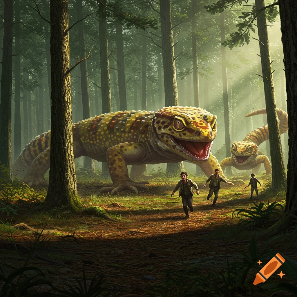 Large, spotted monster geckos chase three explorers through a sunlit pine forest.