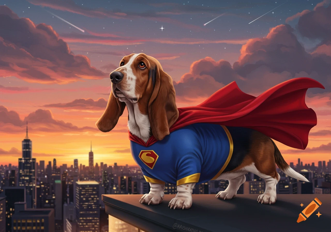 A basset hound in a blue Superman costume with a red cape stands on a skyscraper rooftop at sunset, overlooking a city.