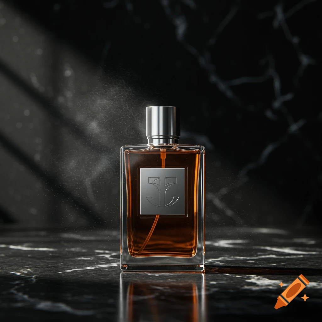 Photorealistic cologne bottle spraying on black marble with reflections.