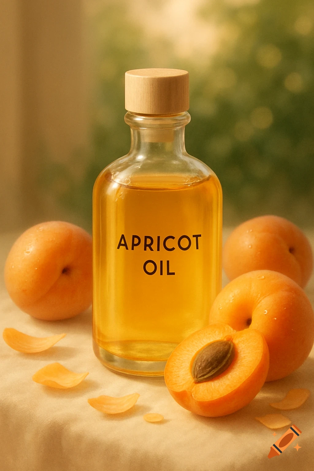 Photorealistic image of a bottle labeled "APRICOT OIL" surrounded by whole and halved apricots on a light-colored surface.