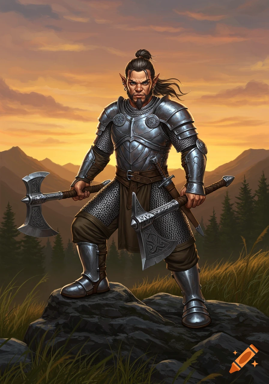 An elf-like male warrior in shining silver armor holds two battle axes, standing on a rock at sunset in a fantasy landscape.