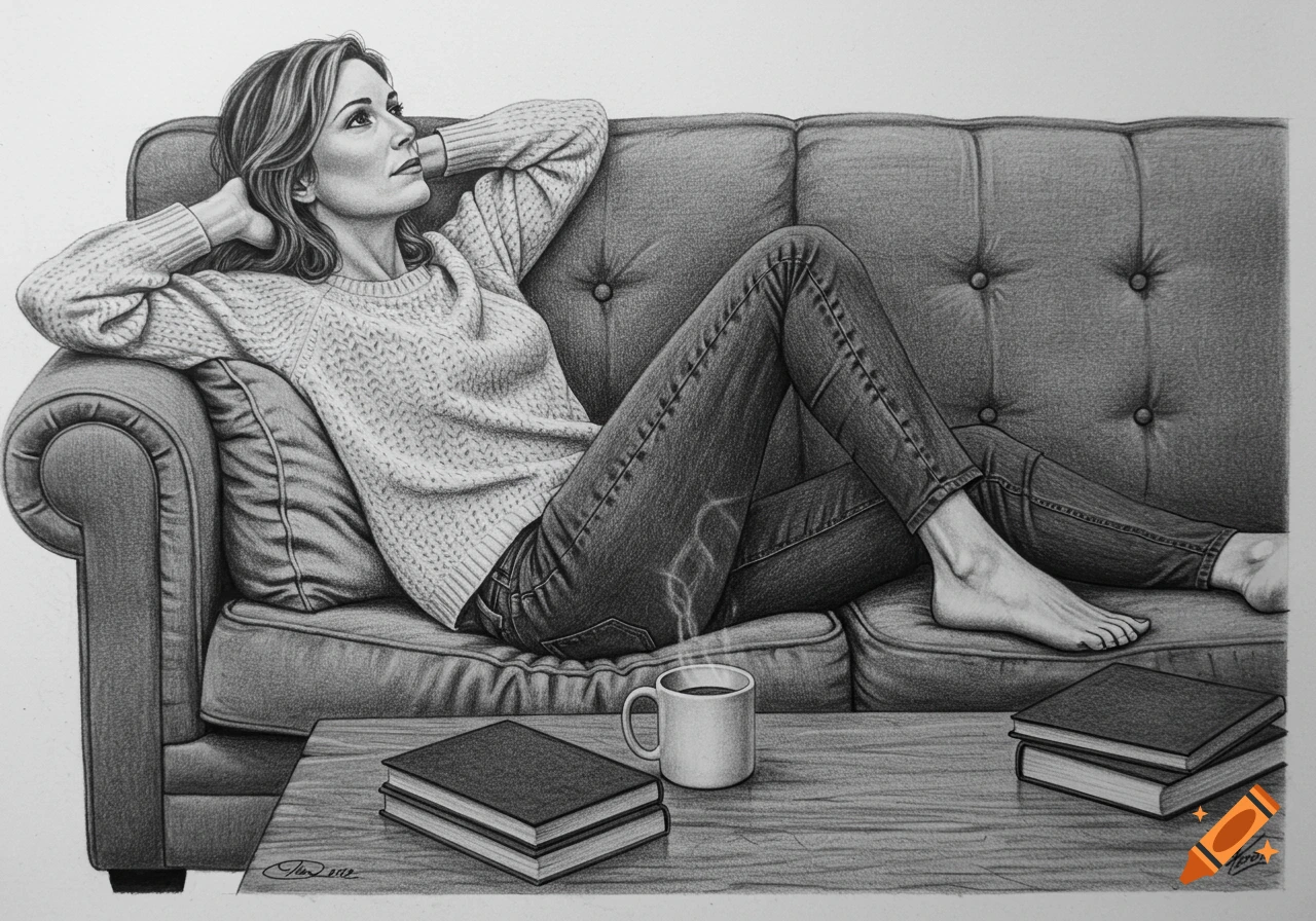 Black and white pencil drawing of a woman in a sweater and jeans reclining on a couch, looking up, with books and a coffee mug on a table.