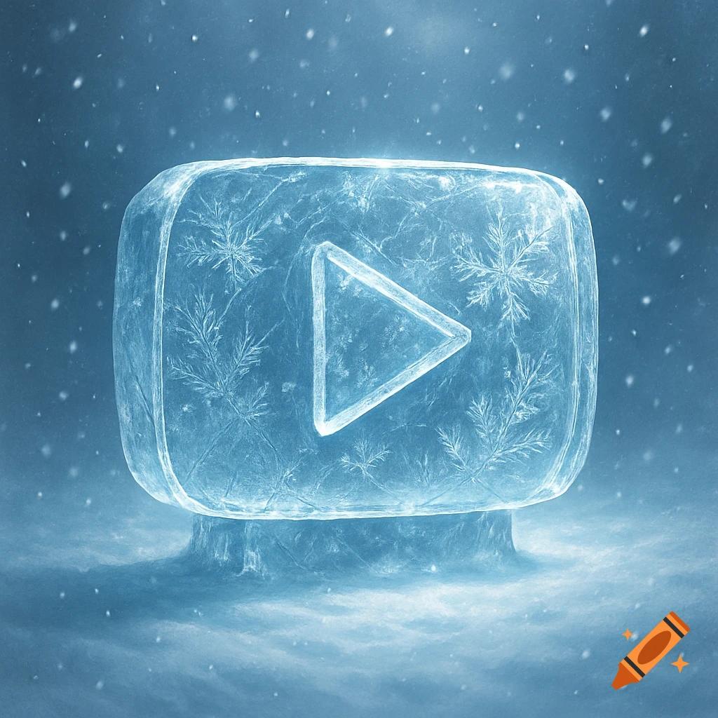 A frosty blue YouTube play button logo made of ice with snowflakes, set in a snowy environment.