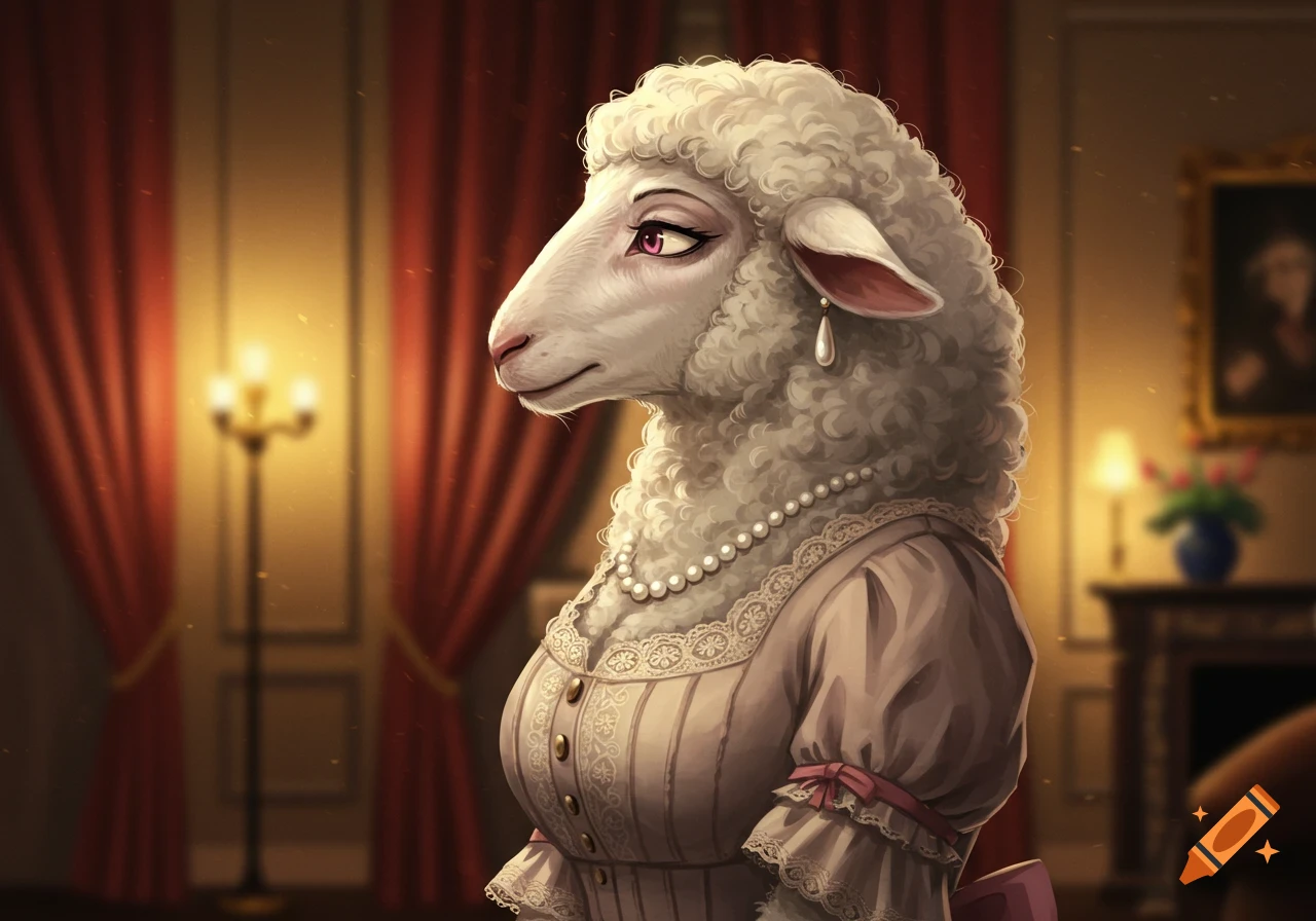 A stylized anthropomorphic female sheep in an old-fashioned dress with a pearl necklace and earrings, standing in an ornate room.
