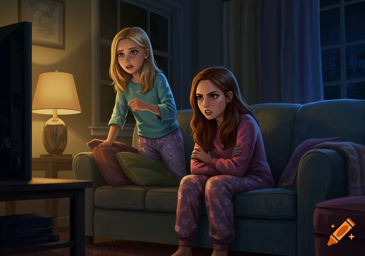 Two young women in pajamas look scared watching TV in a dimly lit living room, in an illustrated style.