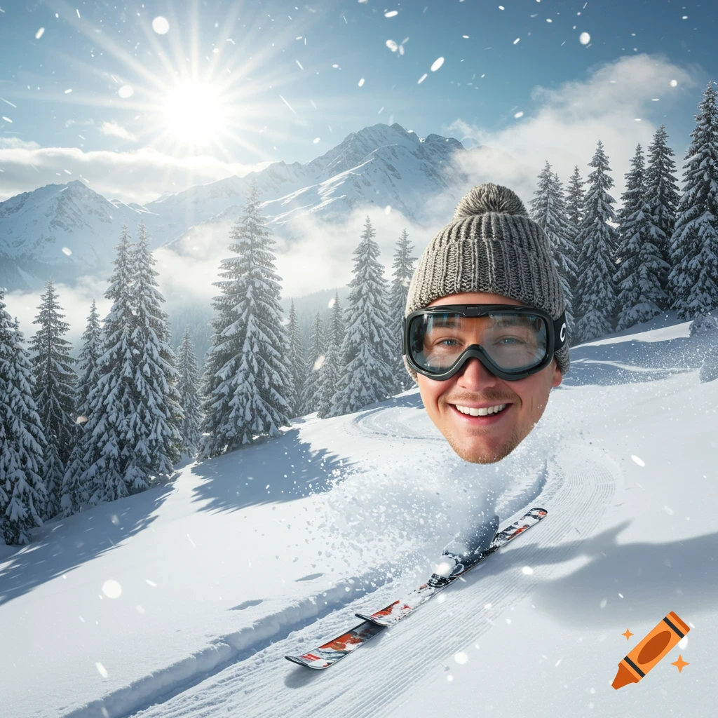 A smiling man's head in a ski hat and goggles floats above skis, spraying snow as he skis down a snowy mountain trail with pine trees and sun.