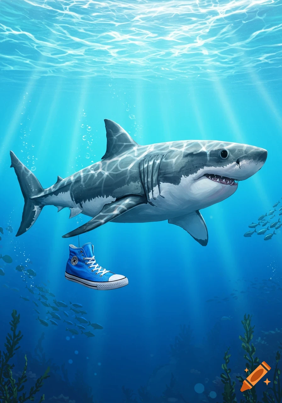 An illustrated great white shark swims underwater next to a floating blue high-top sneaker.