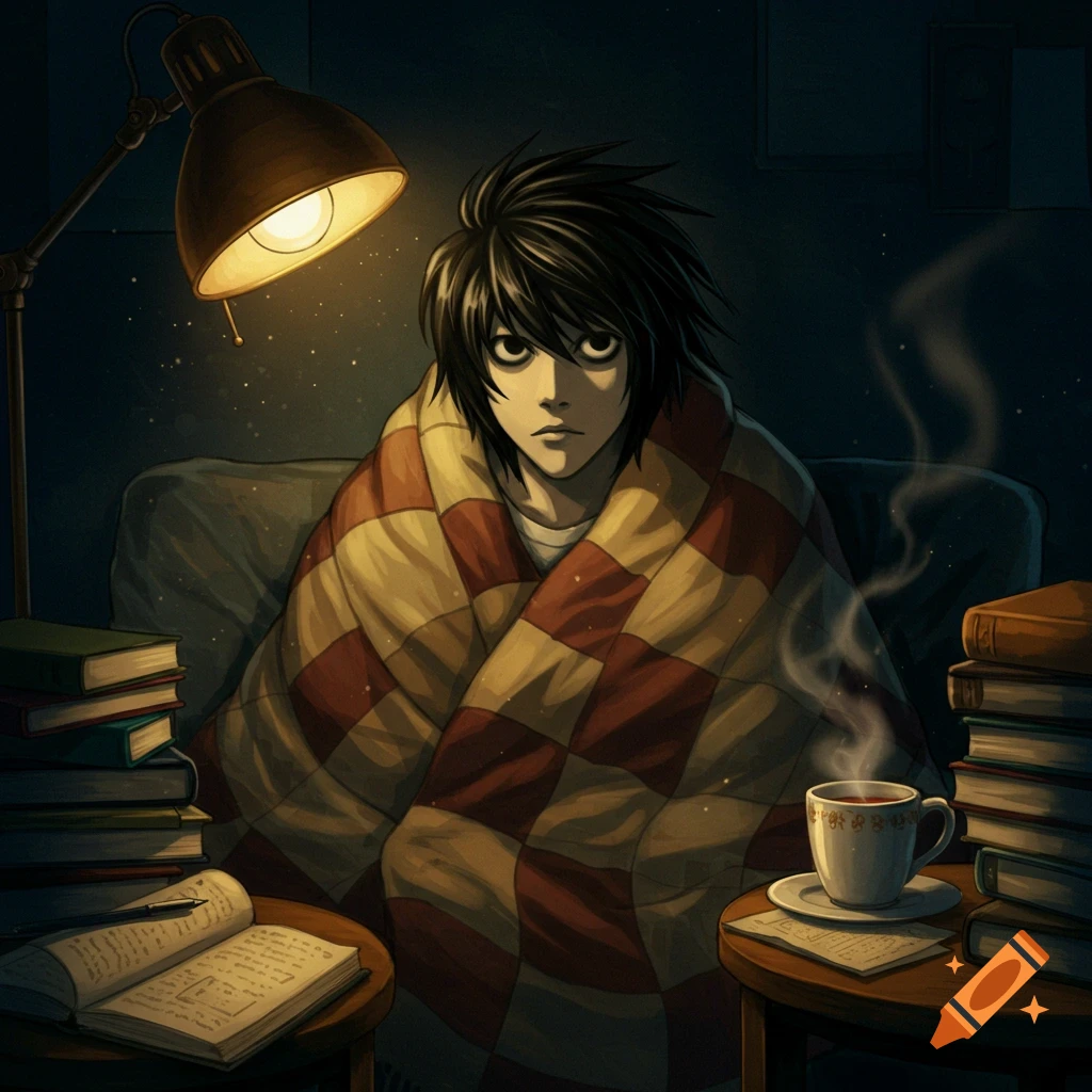 An anime character, L Lawliet, sits wrapped in a red and yellow checkered blanket under a desk lamp, surrounded by stacks of books and a steaming cup.