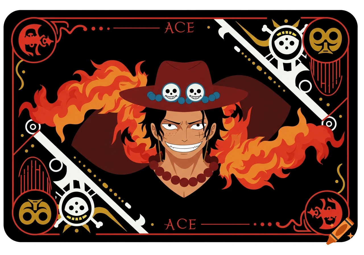 A stylized playing card featuring Portgas D. Ace from One Piece, with flames, skull symbols, and the name 'ACE' in a decorative border.