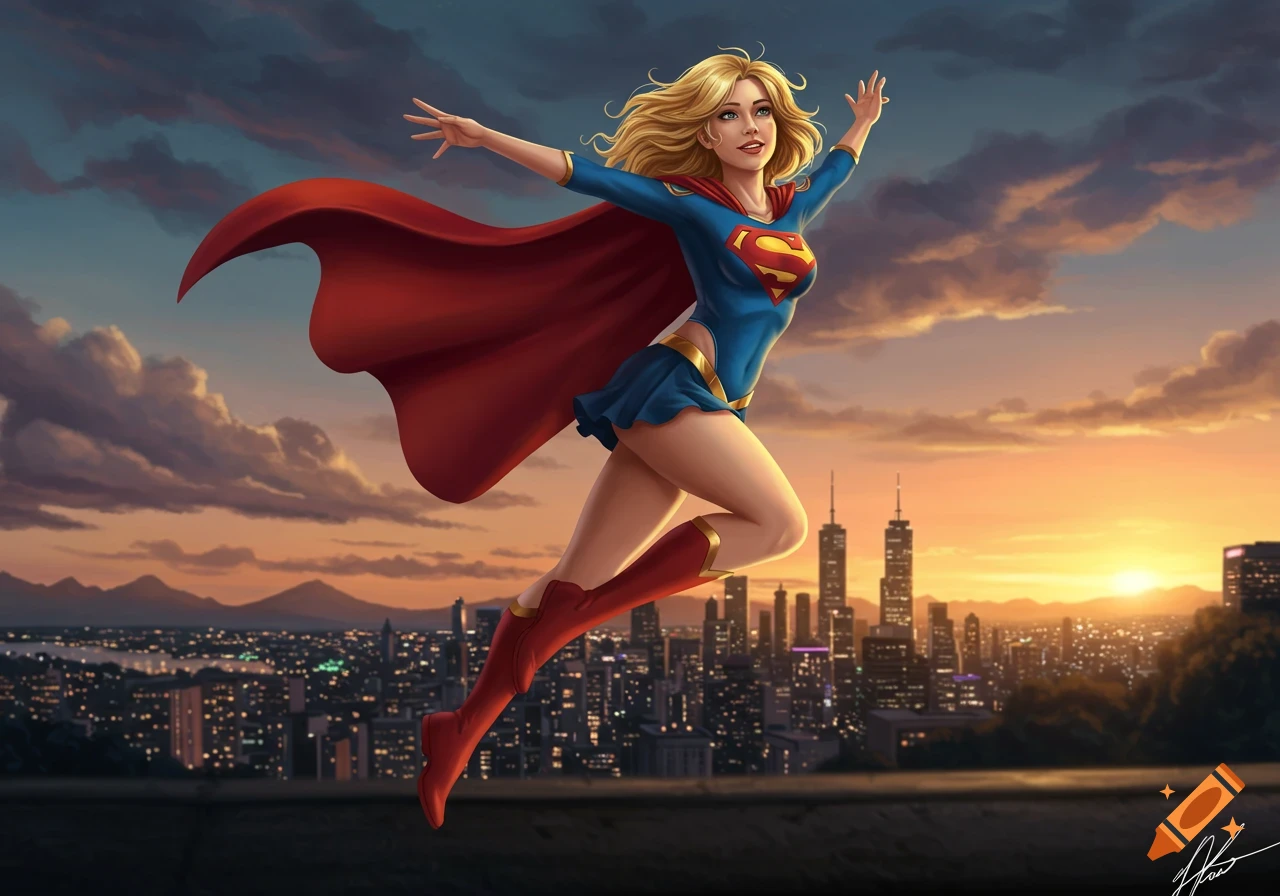 Supergirl flying dynamically over a cityscape at sunset in a vibrant comic book art style.