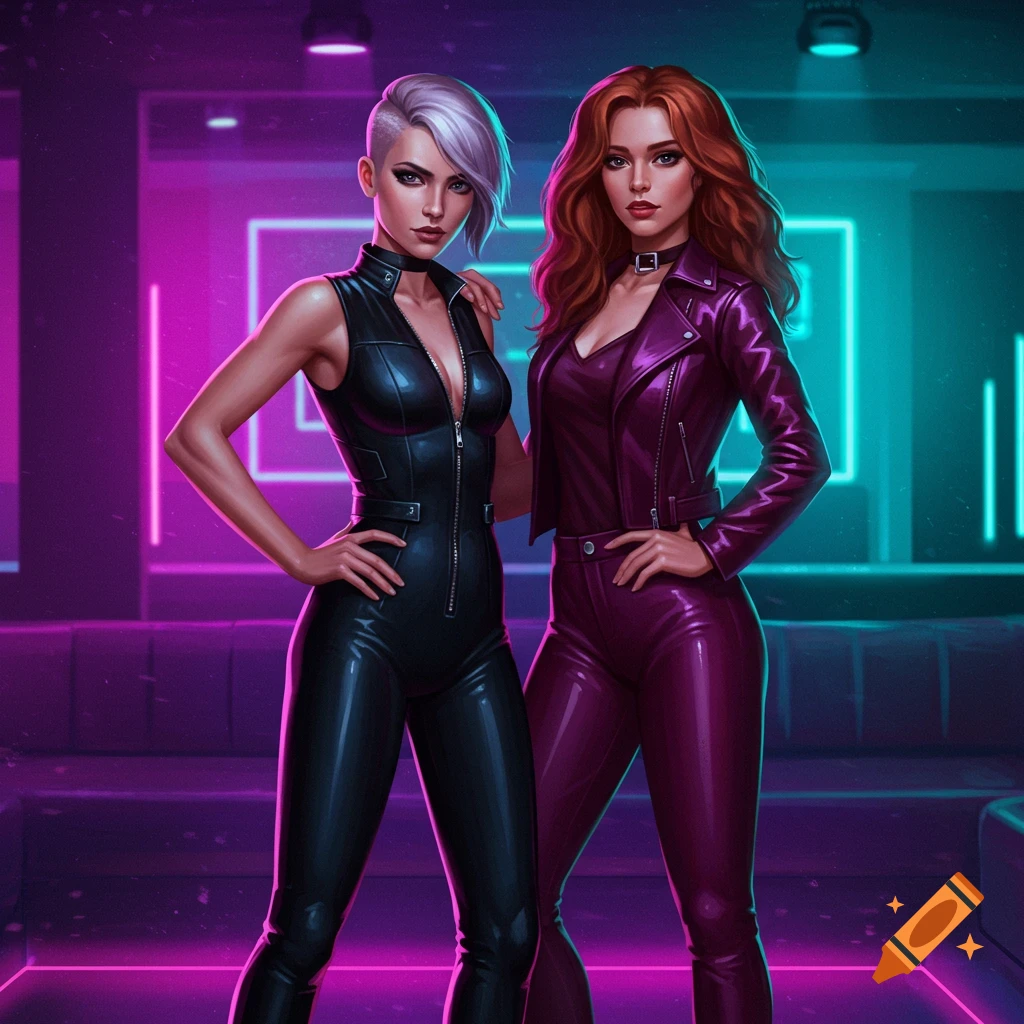 Two women in black and purple leather outfits pose in a neon-lit club setting.
