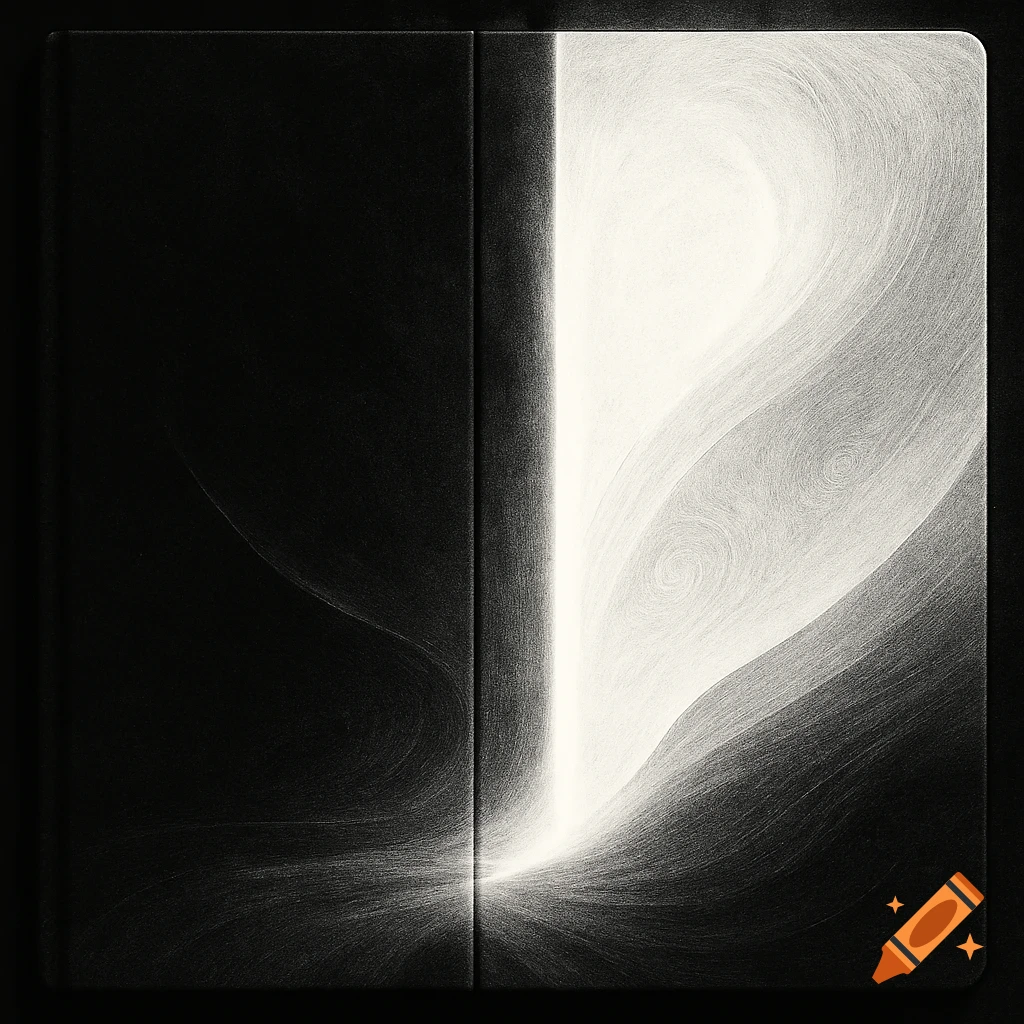 Abstract black and white image resembling a book cover, with a bright vertical light beam illuminating swirling patterns against a dark background.
