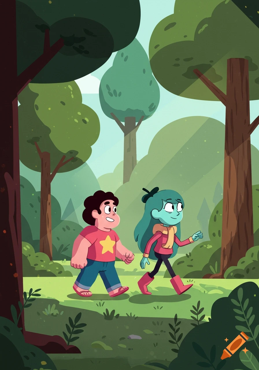 Steven Universe and Hilda walk through a vibrant green forest on a sunny day in a cartoon style.