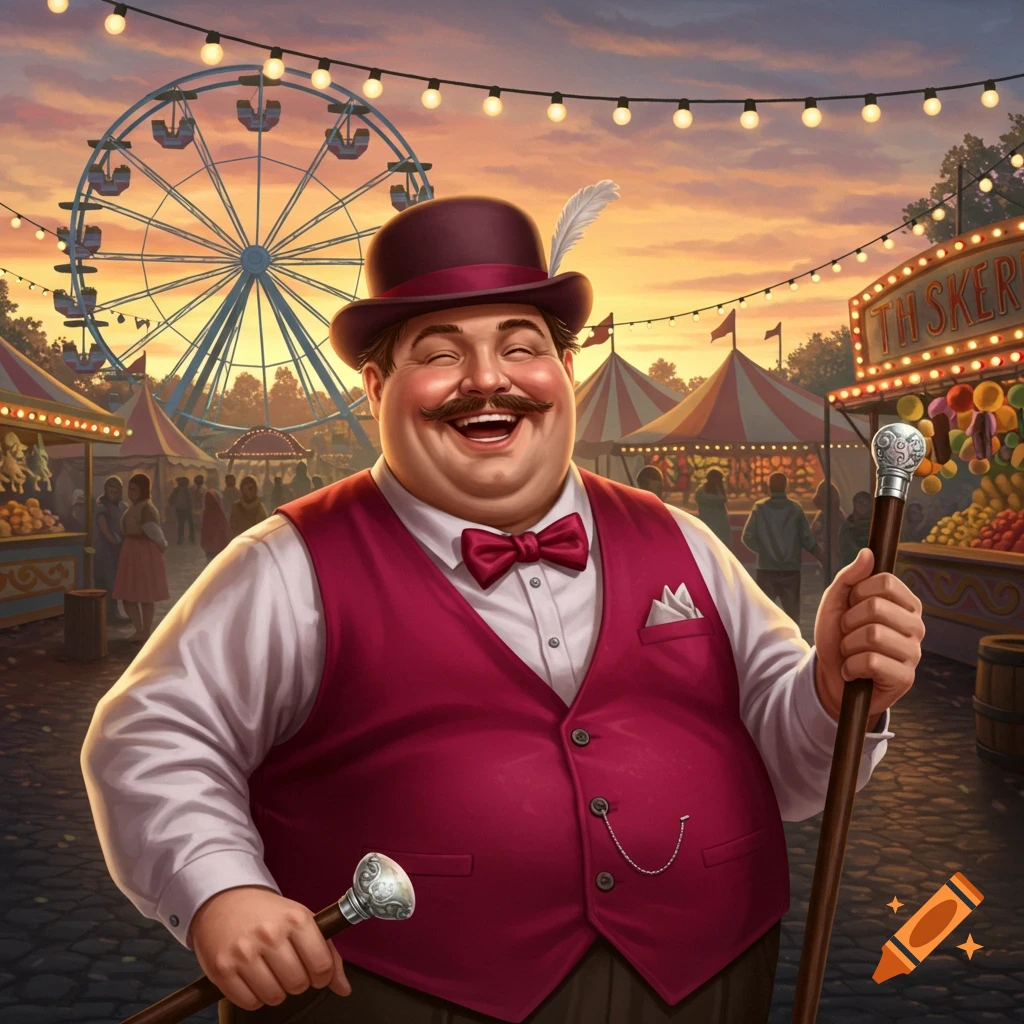 A jovial, plump man in a top hat and red vest laughs at a vibrant carnival with a Ferris wheel in the background.