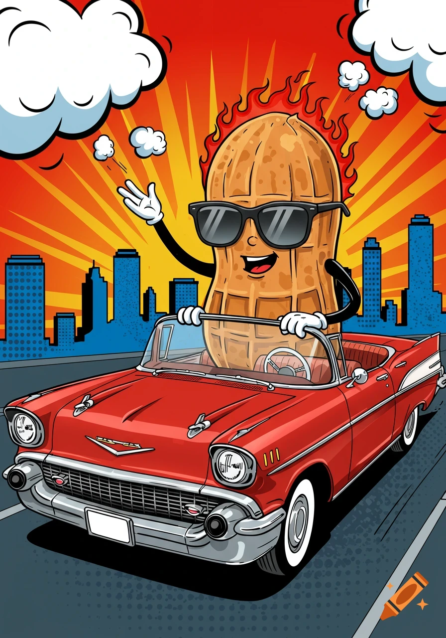 A cartoon peanut with sunglasses drives a red classic car against a pop art city and sunburst sky.