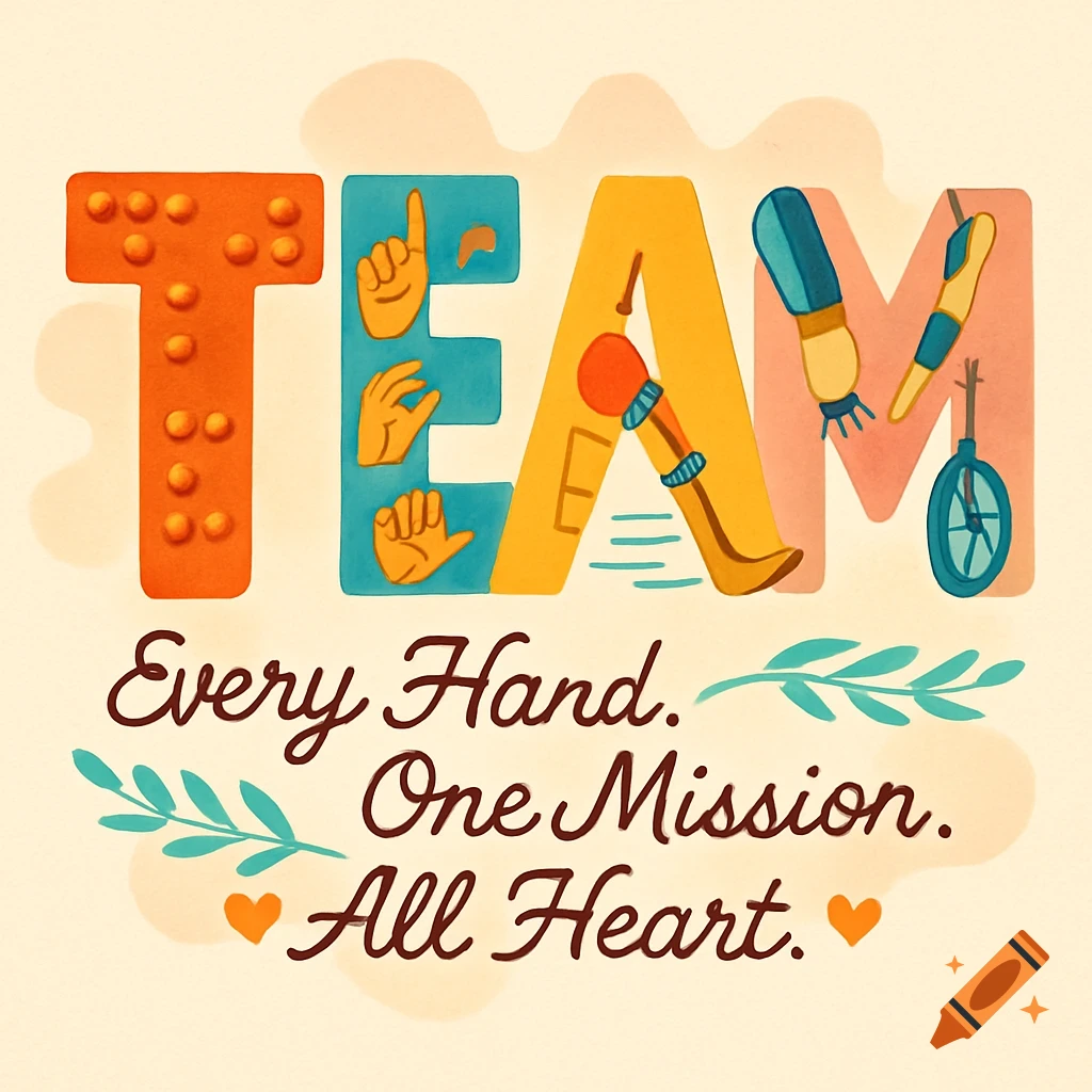 A vibrant illustration for "TEAM" with letters depicting disability inclusion (Braille, sign language, prosthetics).
