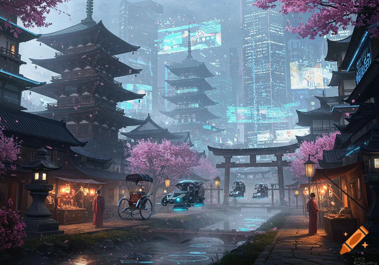 A vibrant cyberpunk scene blending traditional Japanese pagodas and cherry blossoms with a futuristic city of neon skyscrapers and flying vehicles over a glowing river.