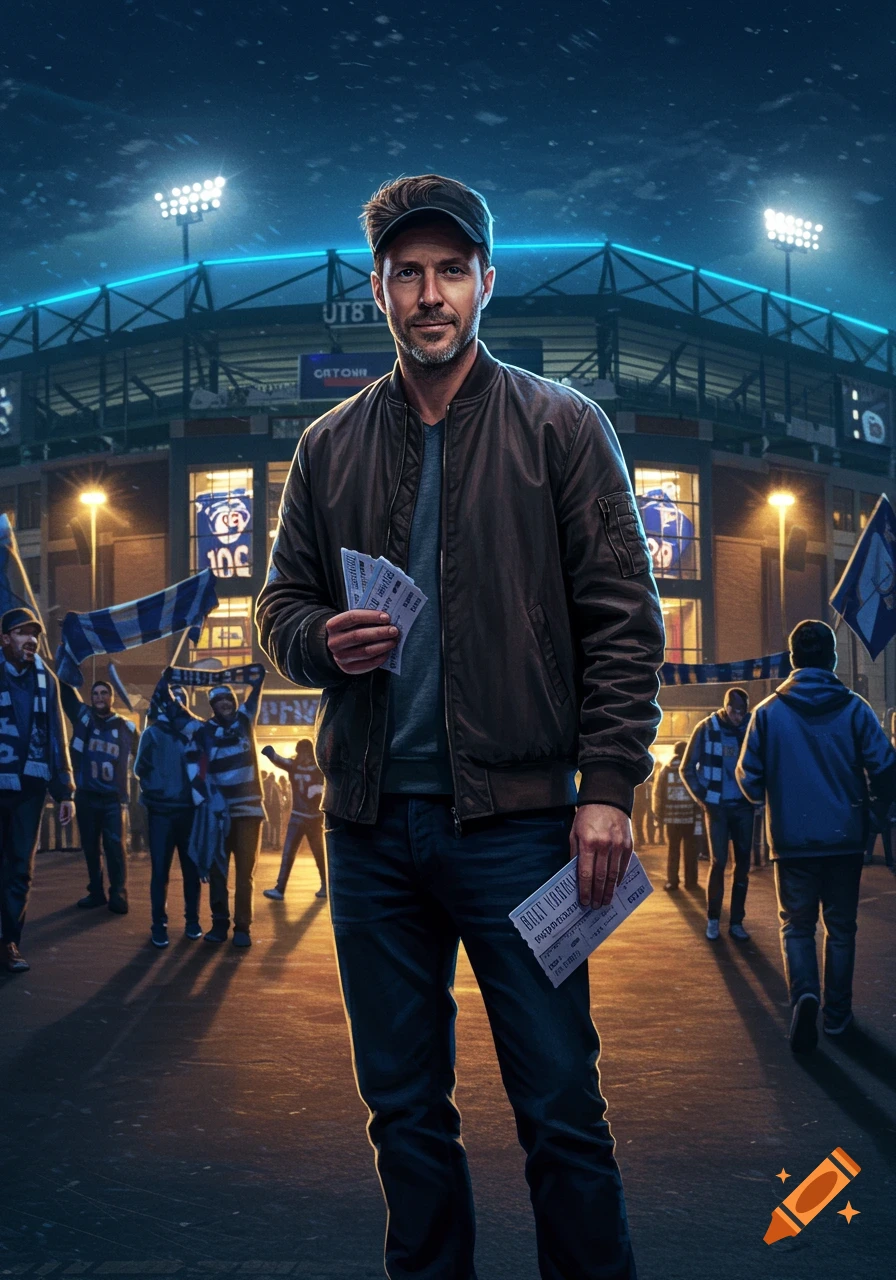 A man in a bomber jacket and cap stands outside a football stadium at night, holding multiple tickets.