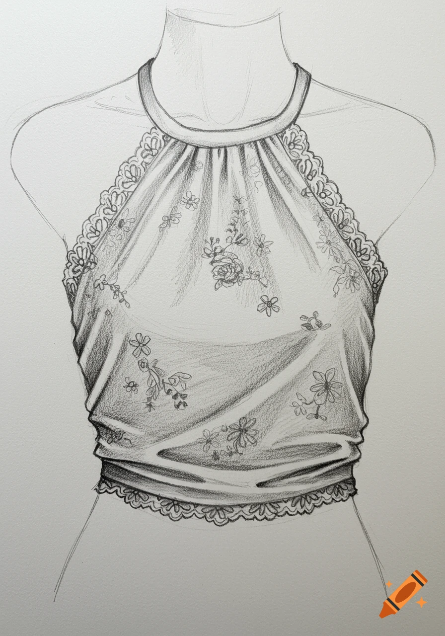 Pencil sketch of a halter top with floral and lace patterns on a dress form.