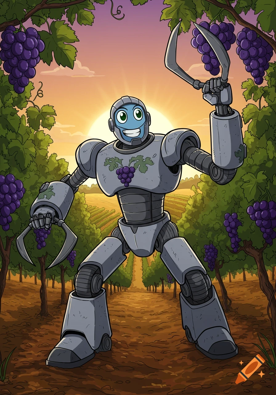 A blue-faced robot with a grape cluster on its chest holds harvesting tools in a sunny vineyard at sunset, cartoon style.