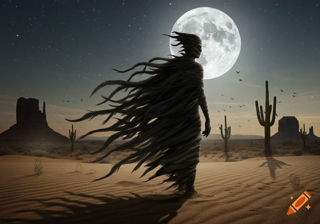 A dark, shrouded figure stands in a moonlit desert landscape with mesas, saguaro cacti, and a starry sky.