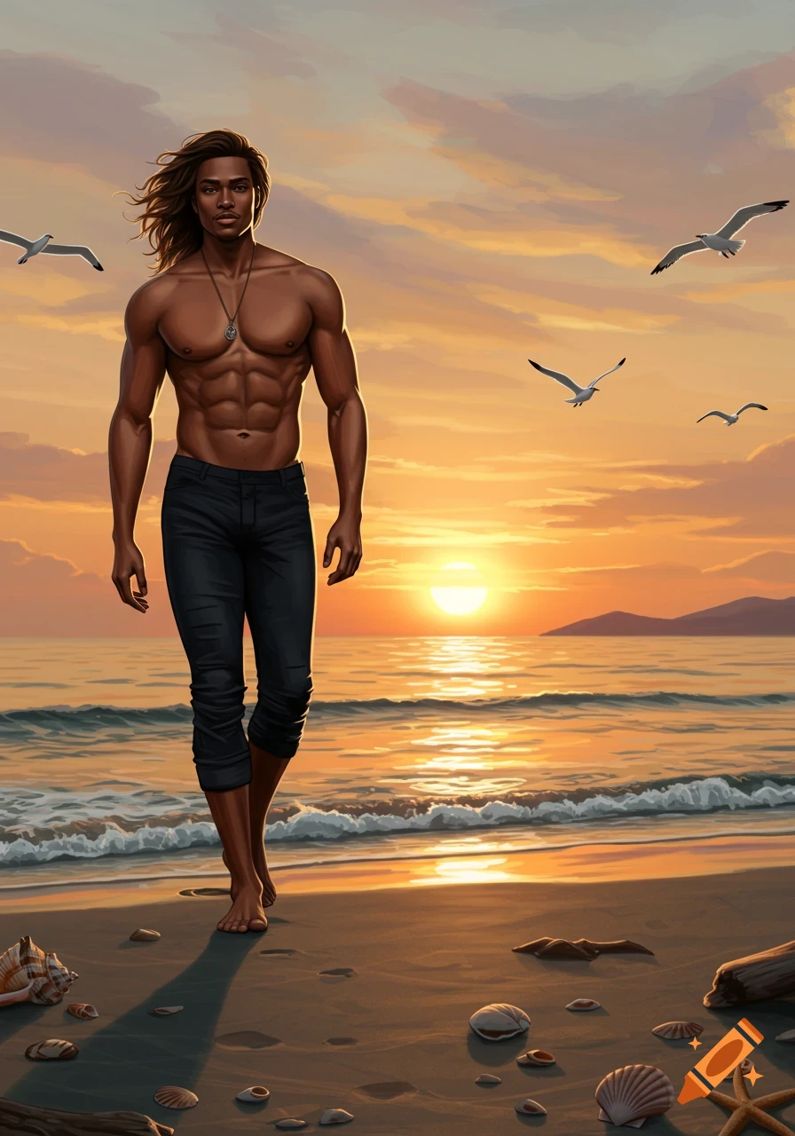 A muscular man with long wavy hair walks barefoot on a sandy beach at sunset, with seagulls flying above the ocean.