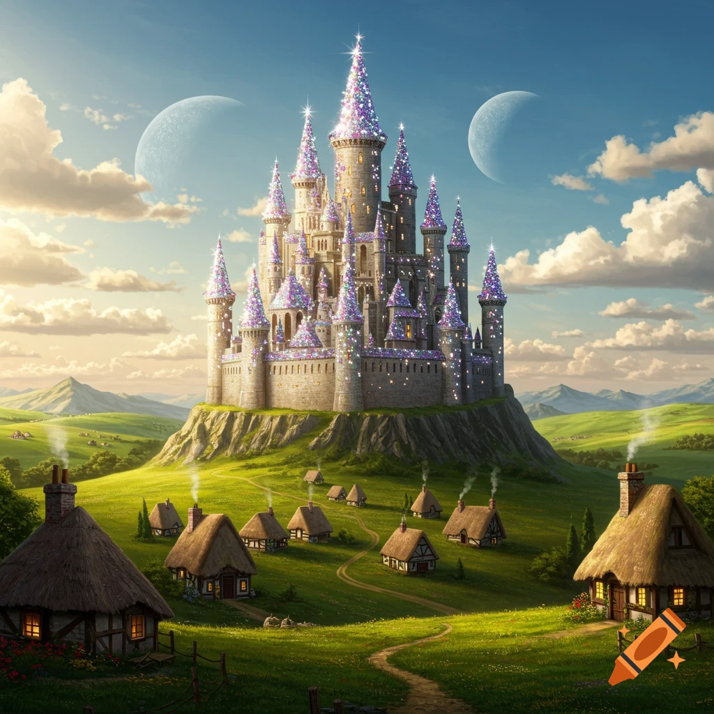 A sparkling fantasy castle on a hill overlooks a village with thatched-roof houses under a bright sky with two moons.