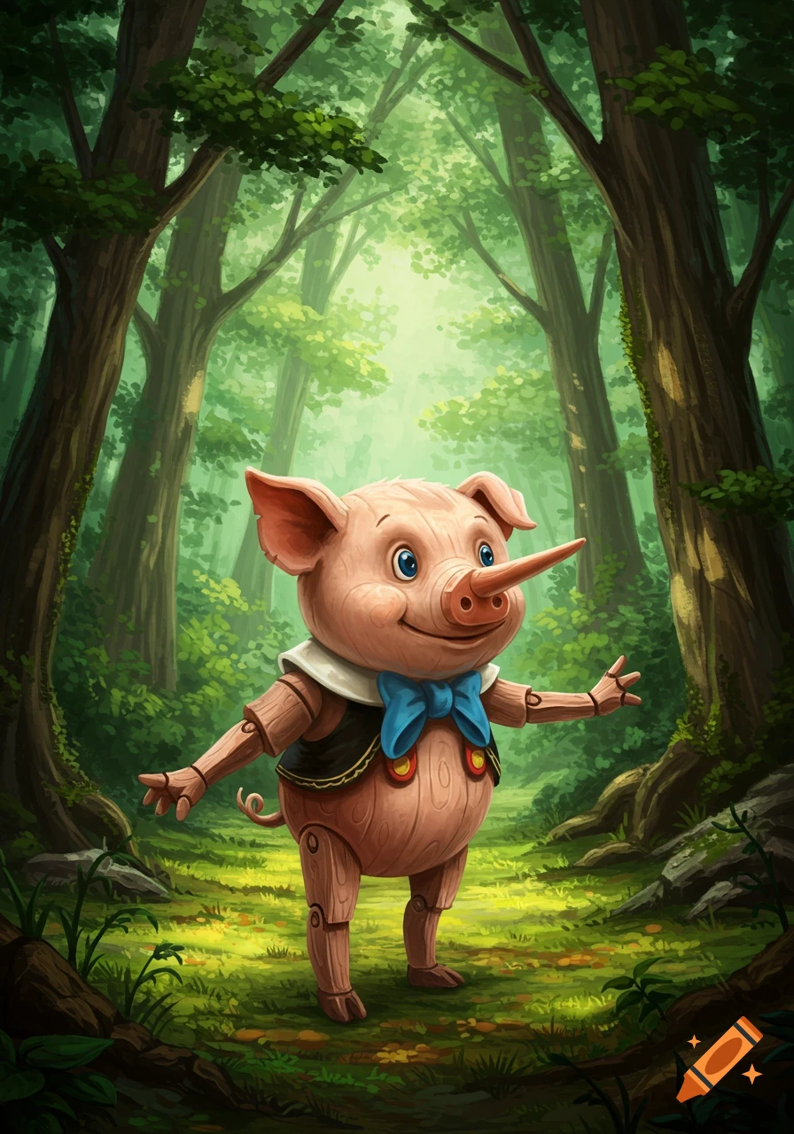 A cute wooden pig character with a long nose and blue bow tie stands in an enchanting green forest, fairytale illustration.
