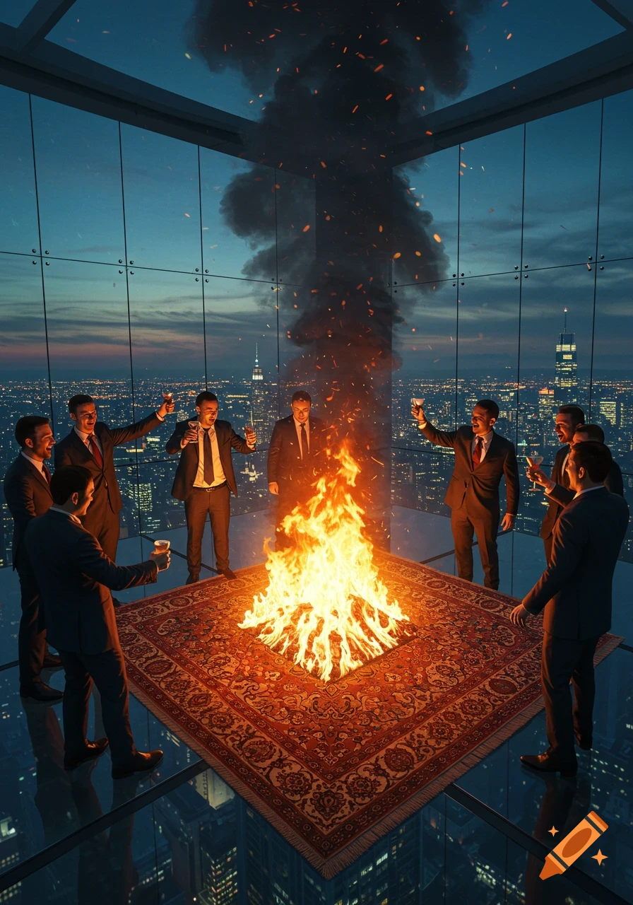 Men in suits toast around a large bonfire on a rug inside a glass skyscraper overlooking a city at dusk.