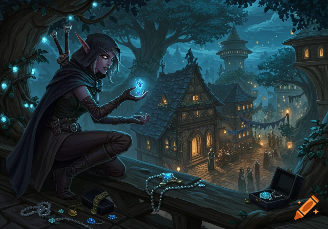 An elf rogue with glowing eyes crouches on a rooftop at night, holding a magical blue orb above a fantasy village.