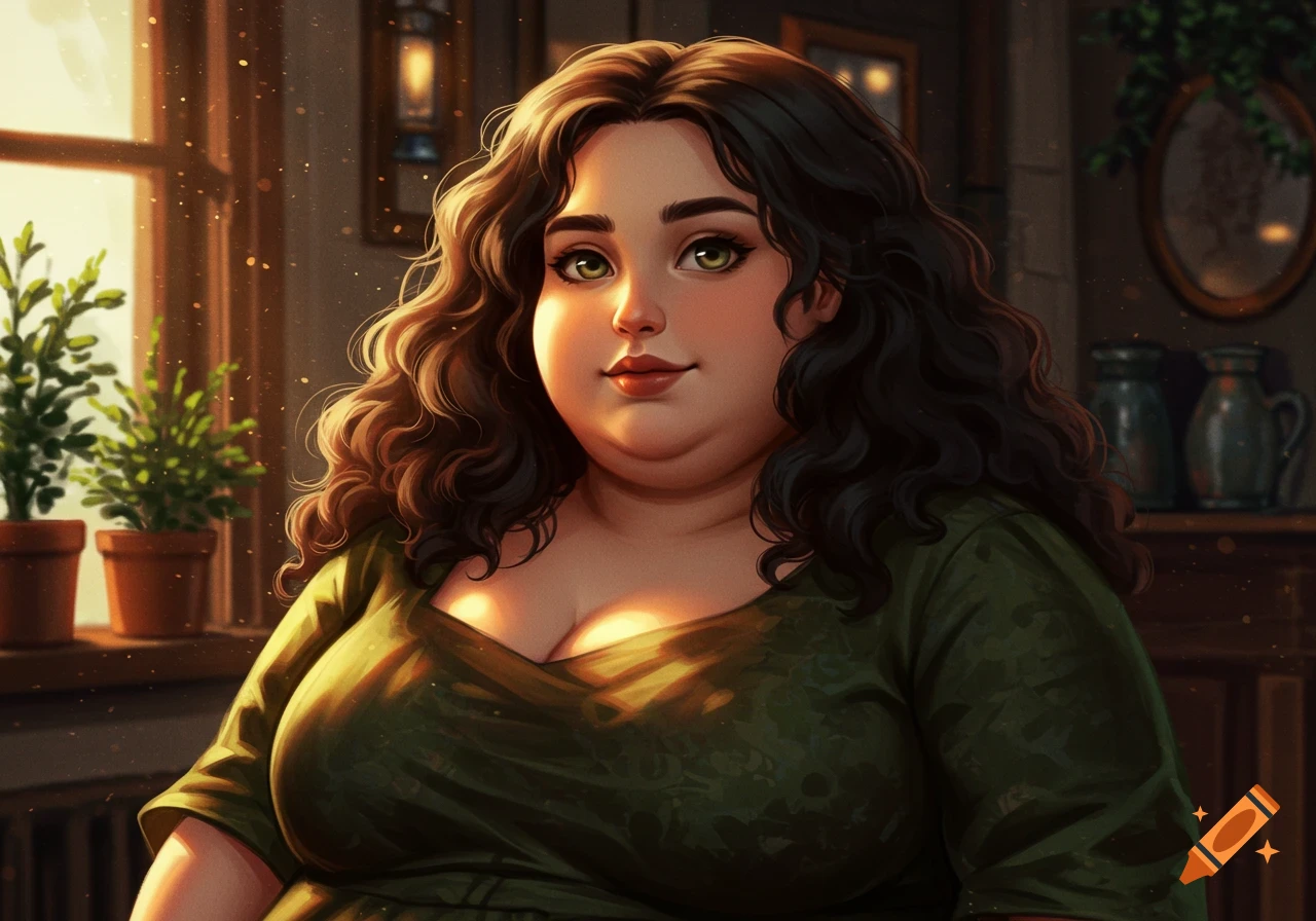 Digital painting of a chubby woman with long dark curly hair, hazel eyes, and a green dress in a warm, sunlit room.