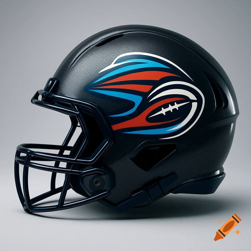 A black football helmet with an abstract blue, orange, and white fantasy team logo featuring a football shape.