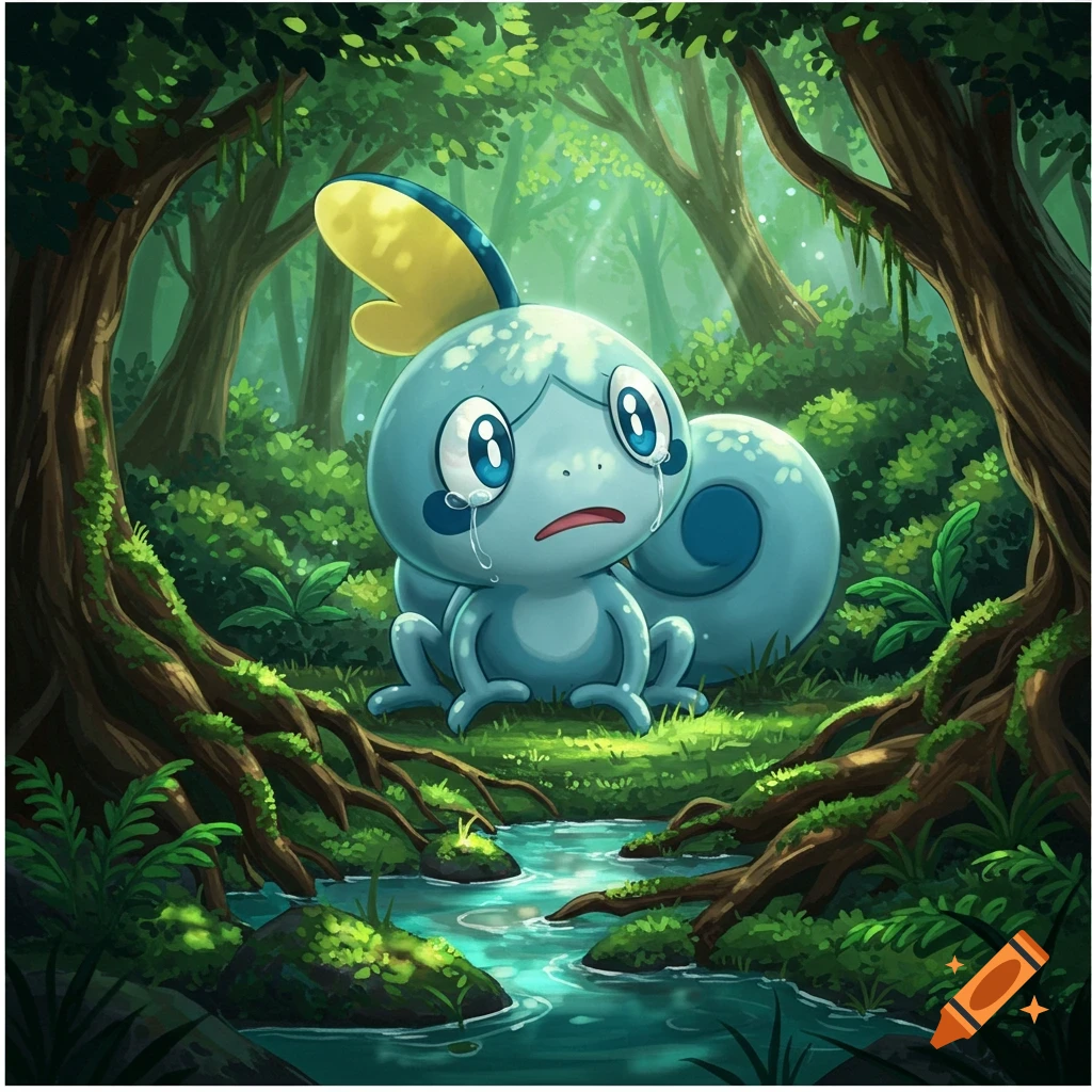 A blue Pokemon, Sobble, cries in a vibrant green forest with a flowing stream.