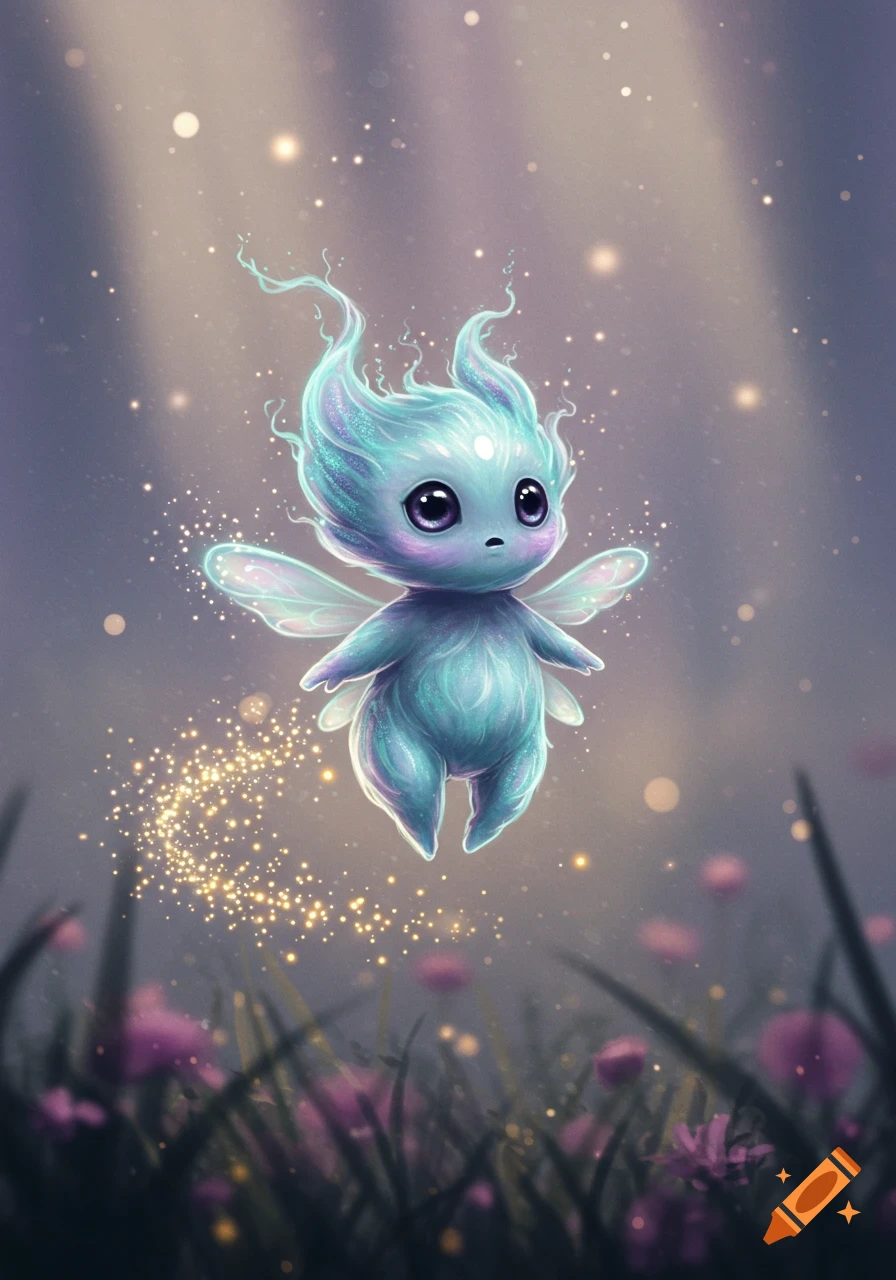 A cute light blue fairy-like creature with glowing antennae and wings floats above purple flowers, surrounded by golden sparkles.