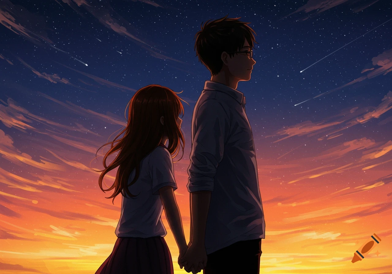 Anime couple holding hands against a vibrant sunset sky with stars.