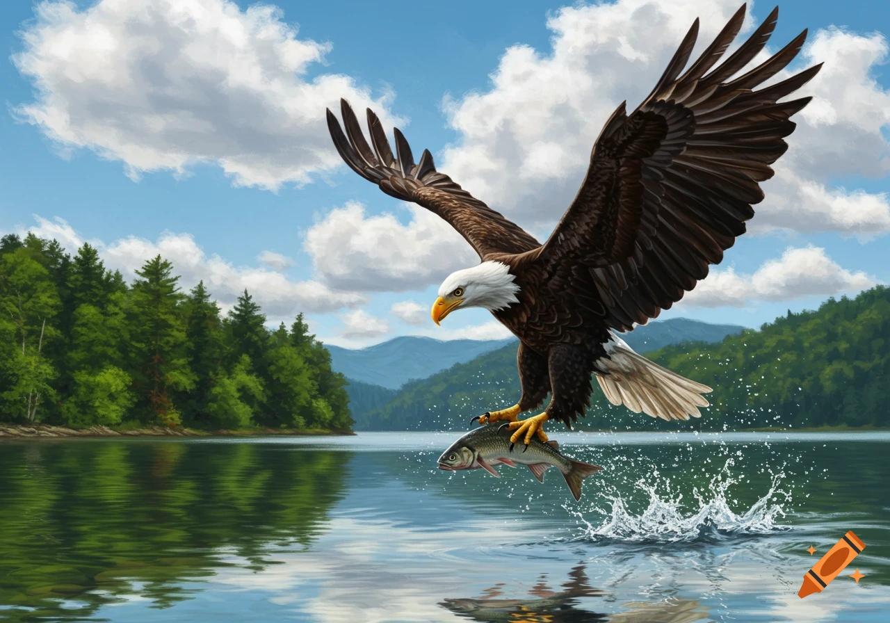 An eagle with outstretched wings catching a fish from a blue lake, with green trees and mountains in the background.