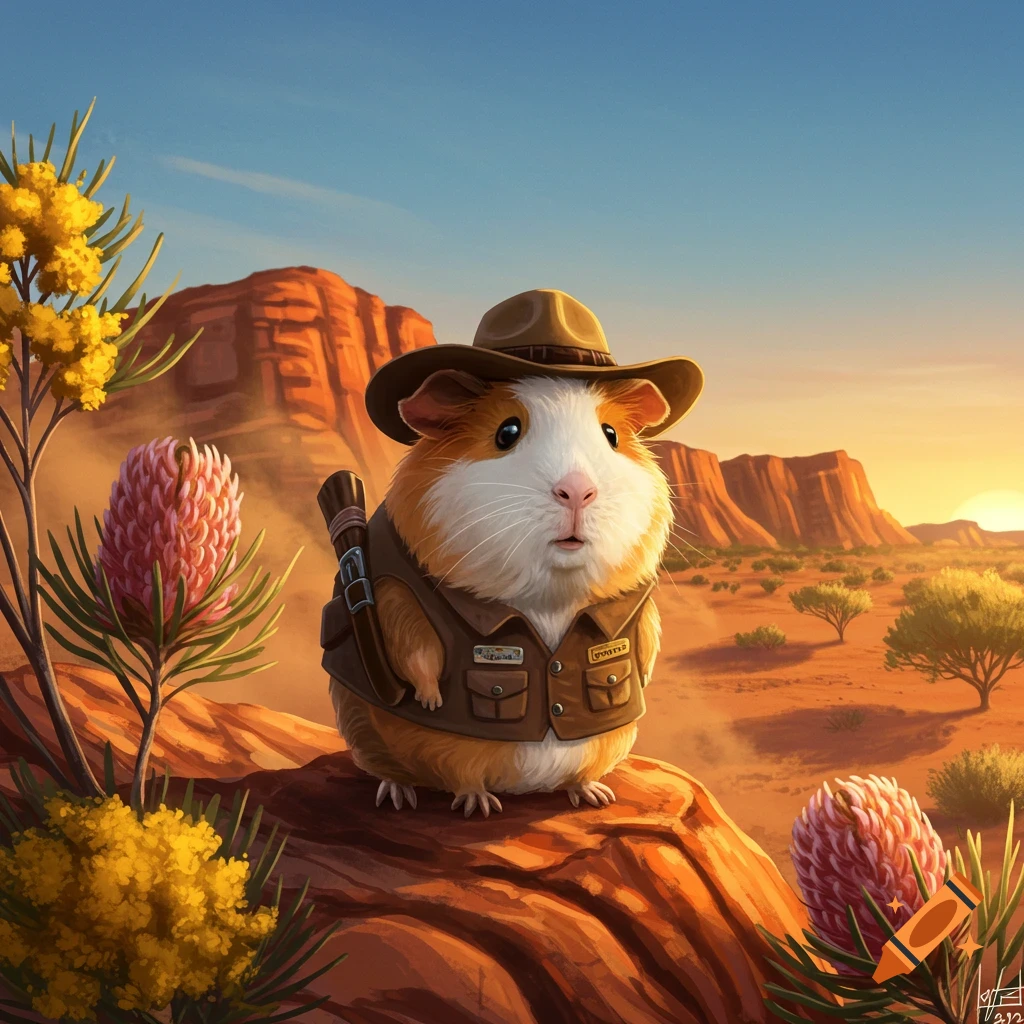 A cute guinea pig explorer in a hat and vest stands on a rock in a vibrant desert landscape with red cliffs and native Australian plants.