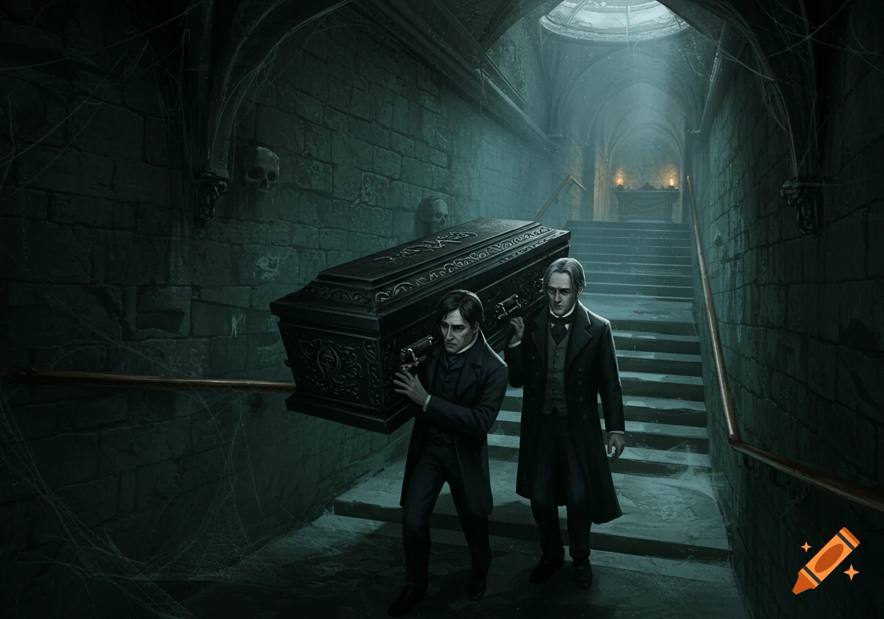 Two men in dark suits carry a ornate coffin down stone steps into a dimly lit, cobweb-filled gothic vault.