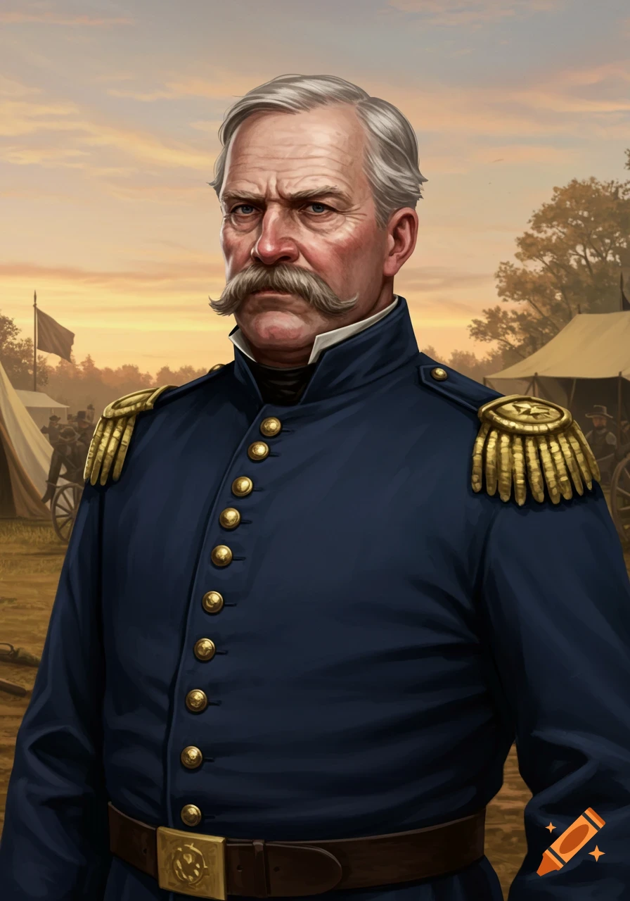 Stern old general with a large mustache in a blue military uniform, against a sunset military camp backdrop.