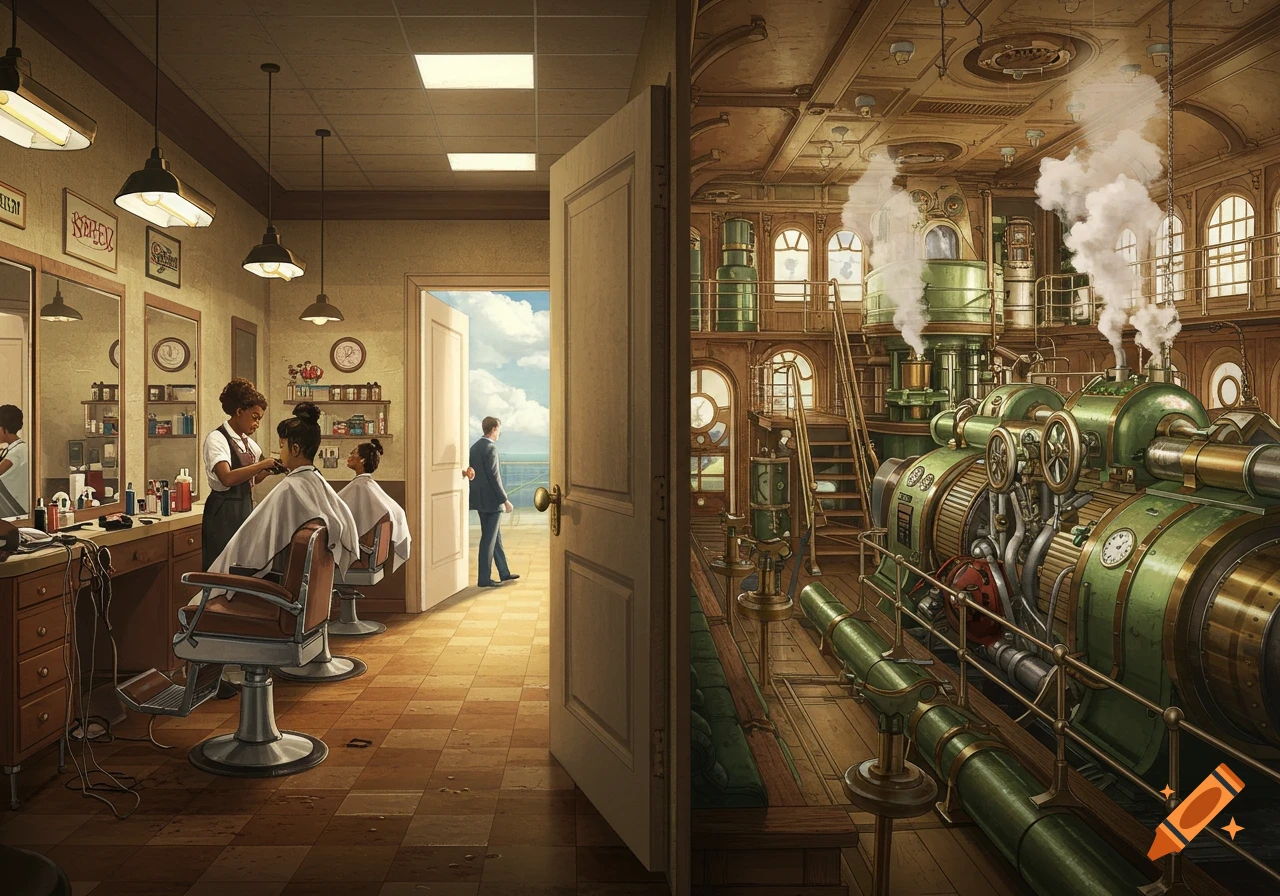 A surreal painting depicting a split scene: a barbershop on the left and a steampunk engine room on the right, with a man walking between them.