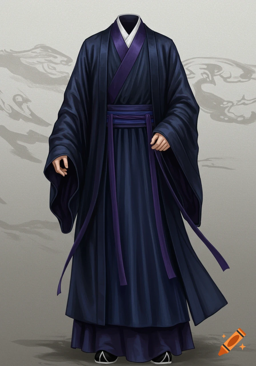 A dark blue traditional Chinese Hanfu garment with a purple sash and pleated skirt, on a headless mannequin against a grey background.