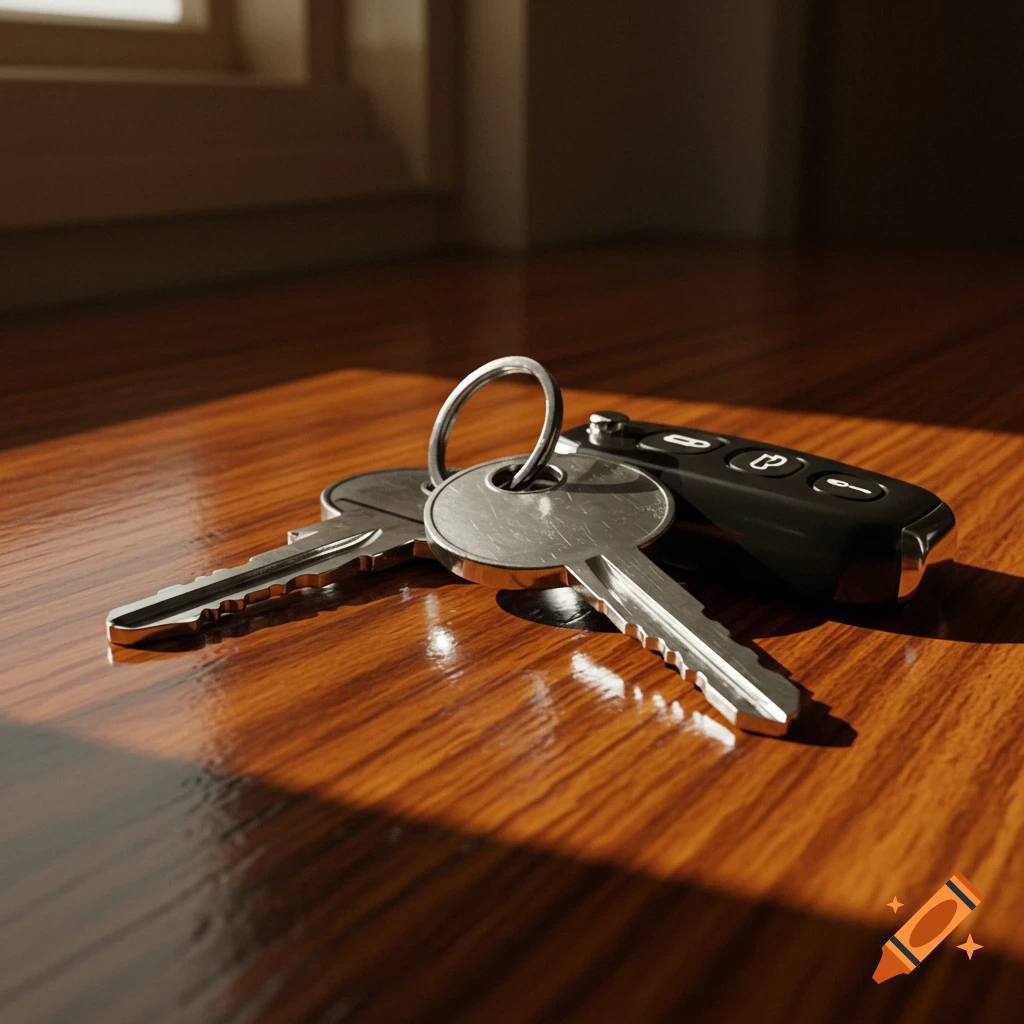 Car keys and a key fob on a polished wooden table, illuminated by sunlight.
