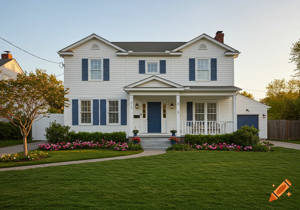 A white two-story house with blue shutters and a blue front door, surrounded by a green lawn and pink flowers.