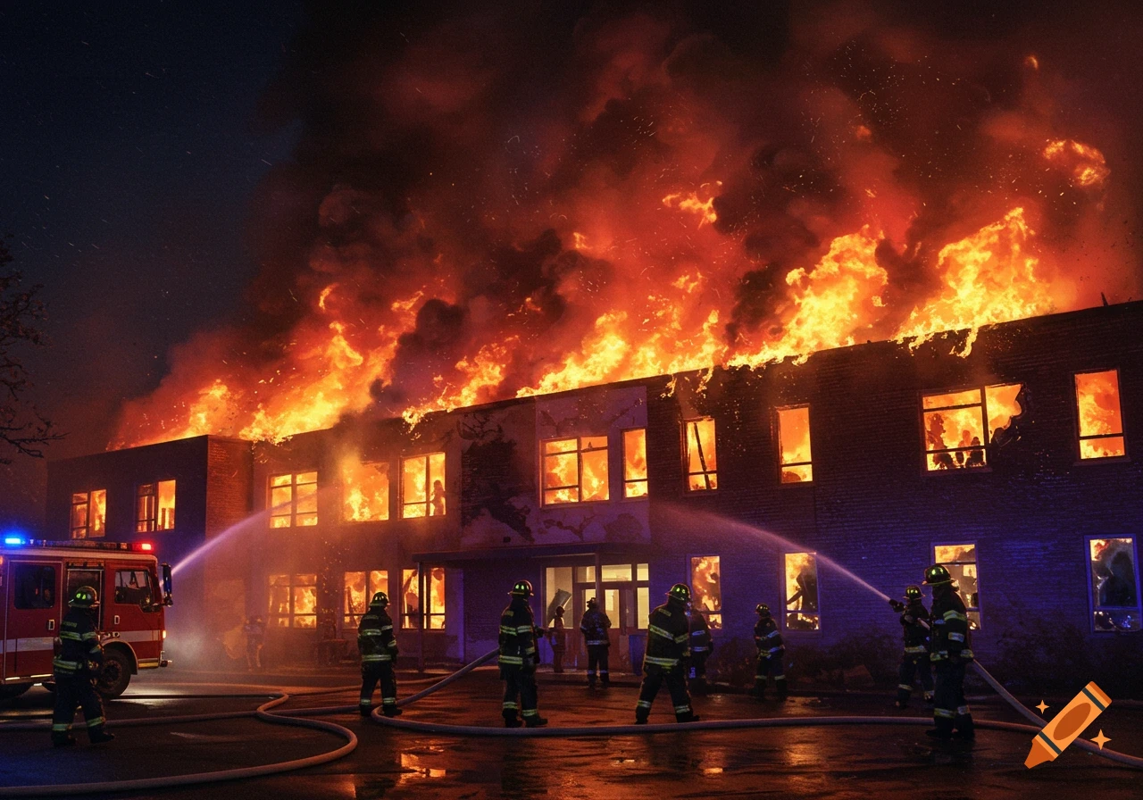 Photorealistic image of a large building engulfed in flames at night, with firefighters spraying water.