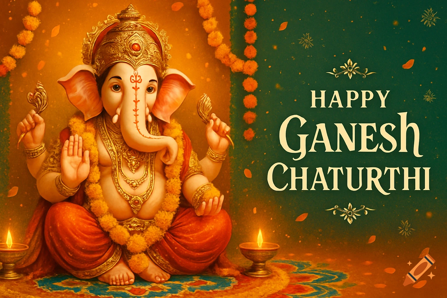 Vibrant illustration of Lord Ganesha idol with marigold garlands and diyas on a banner with 'Happy Ganesh Chaturthi' text.