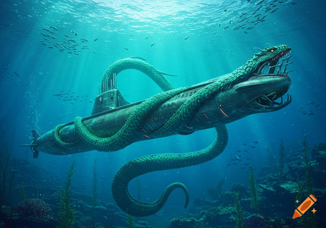 A giant green snake-like creature wrapped around a submarine, swimming in a clear blue ocean with fish and coral.